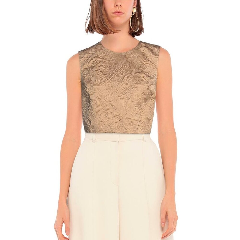 Brunello Cucinelli | Cropped Embroidered Silk Cloqué Top in Sand